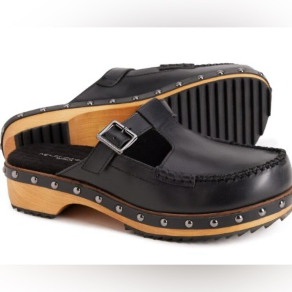 Kelsi Dagger Black and Brown Clogs with Buckle Strap
